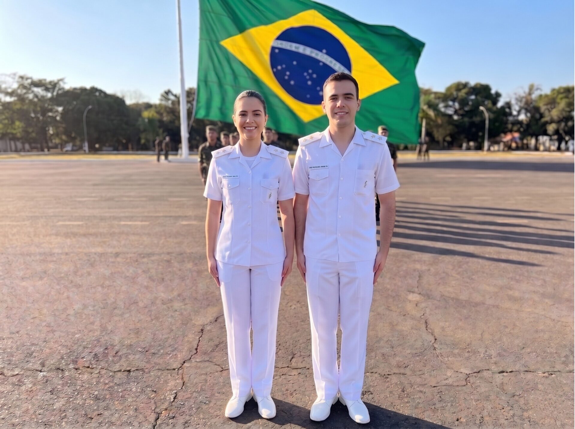 Oficiais médicos do Exército Brasileiro com jaleco branco em frente à bandeira nacional